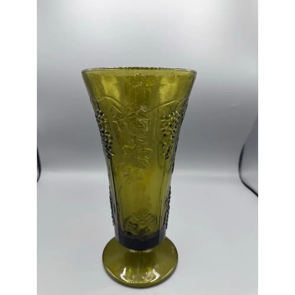 Vintage Green Depression Glass Grape Vine Footed Vase Art Glass